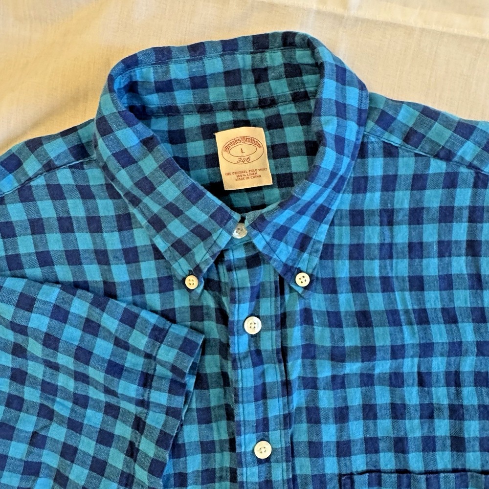 Brooks Brothers 346 Shirt Mens Large Blue Teal Checked Plaid Linen Preppy Casual